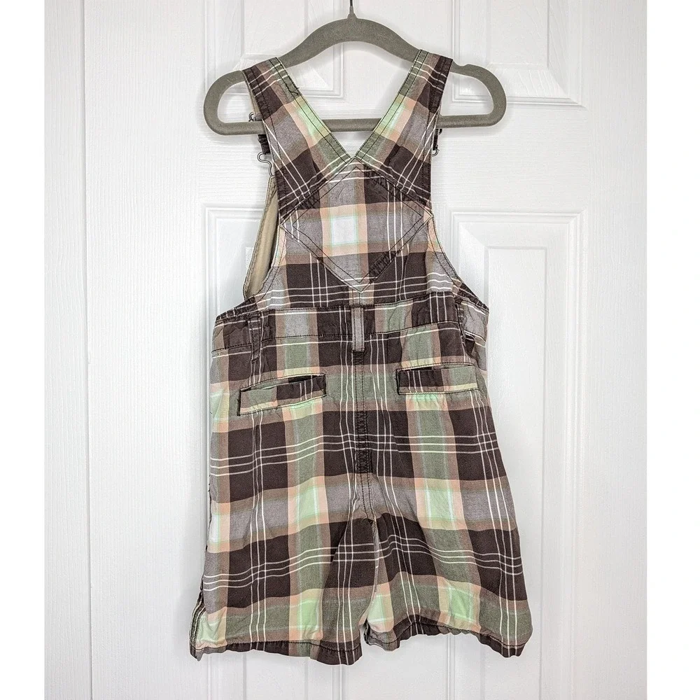 Gymboree Boys Brown Green Plaid Cotton Shortall Overalls 3T RN70530